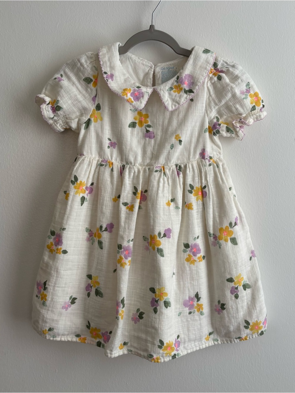 Cat & Jack Girls 4T White Floral Fit & Flare Puff Short Sleeve Collared Dress